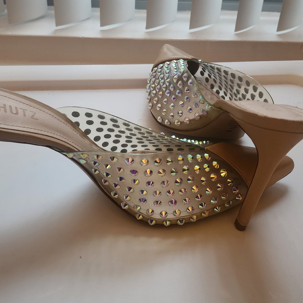 Schutz Tan and Silver Studded Women's Heels - Picture 3 of 8